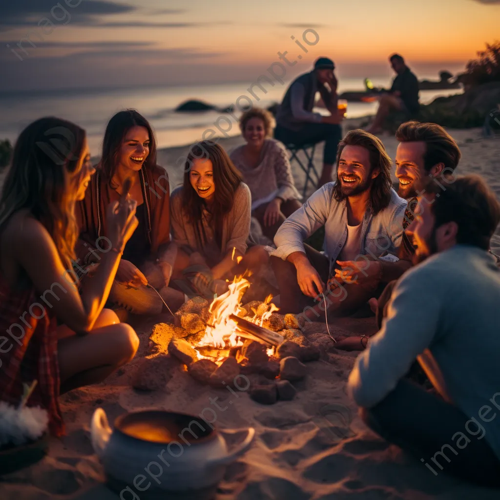 Friends sitting around a beach bonfire at dusk, illuminated by the warm glow of the fire. - Image 2