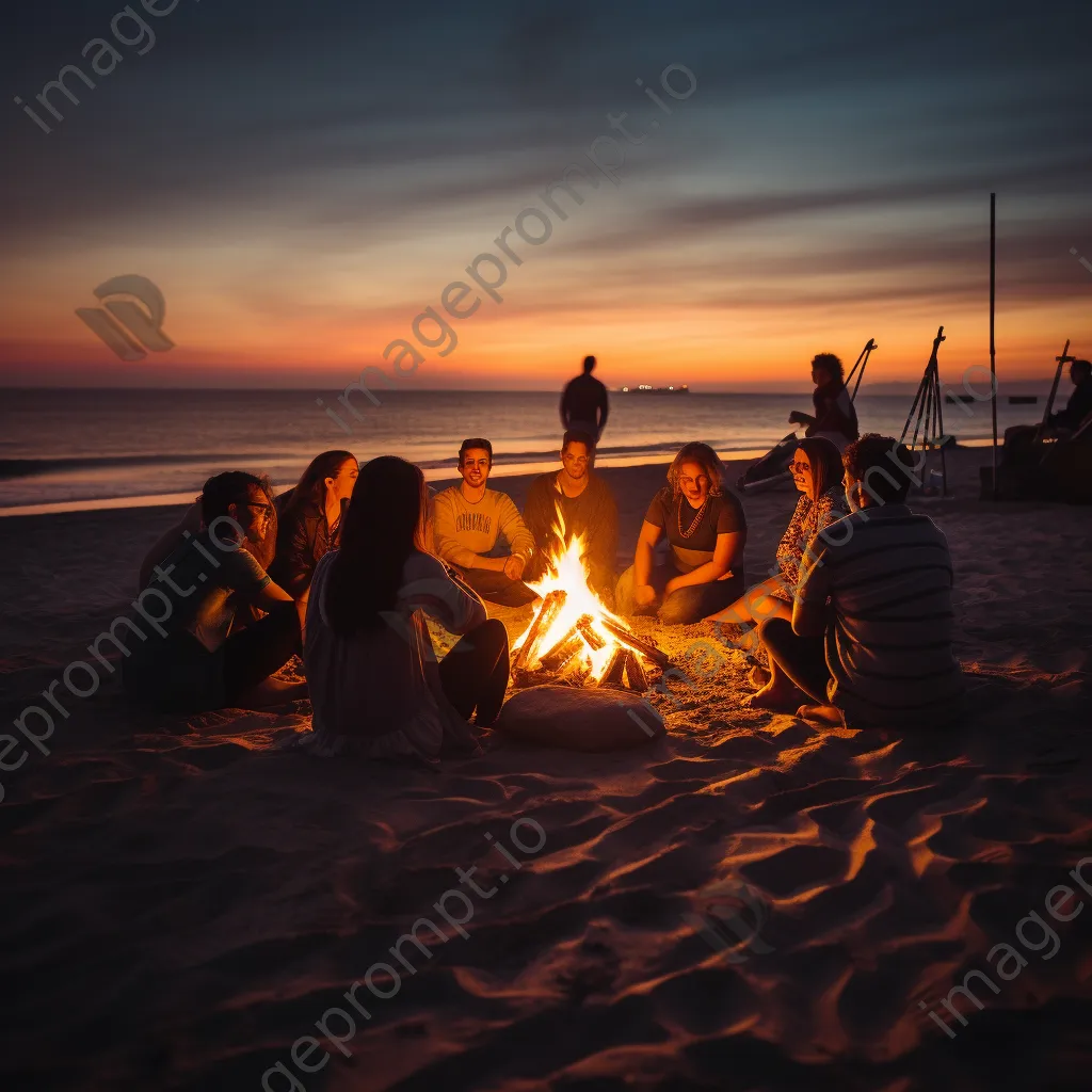 Friends sitting around a beach bonfire at dusk, illuminated by the warm glow of the fire. - Image 3