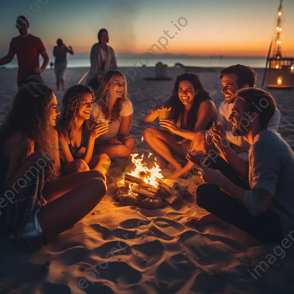 Friends sitting around a beach bonfire at dusk, illuminated by the warm glow of the fire. - Image 4