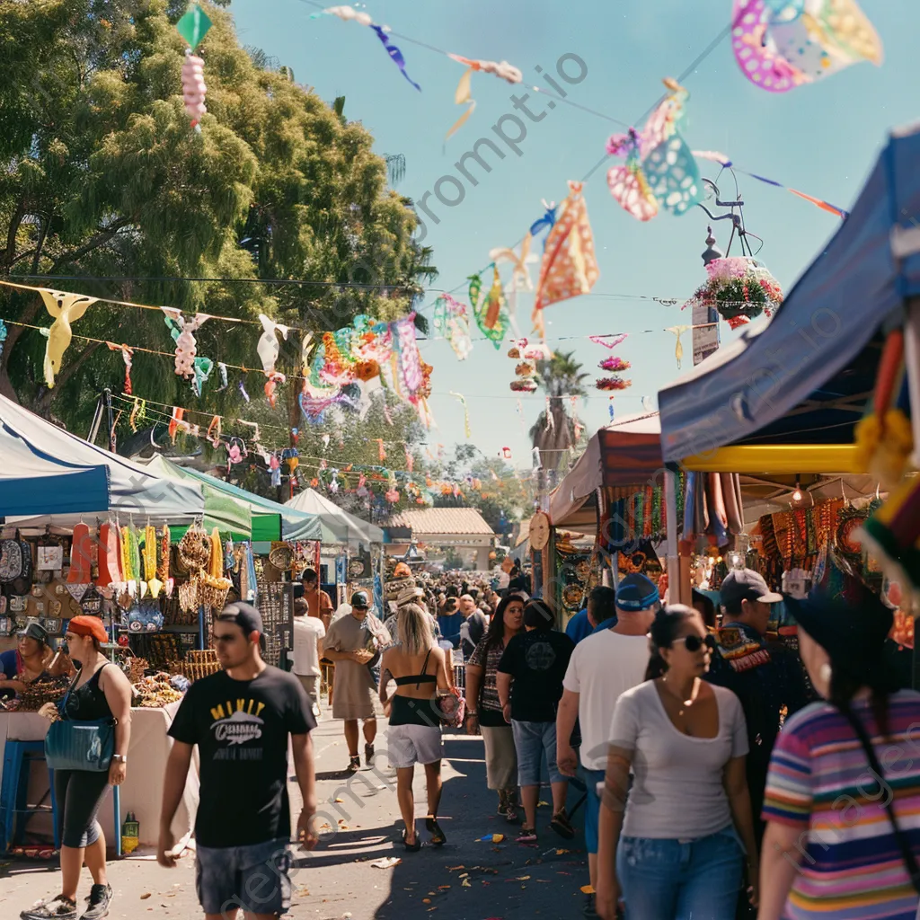 Crowd enjoying a vibrant street fair with performers - Image 1