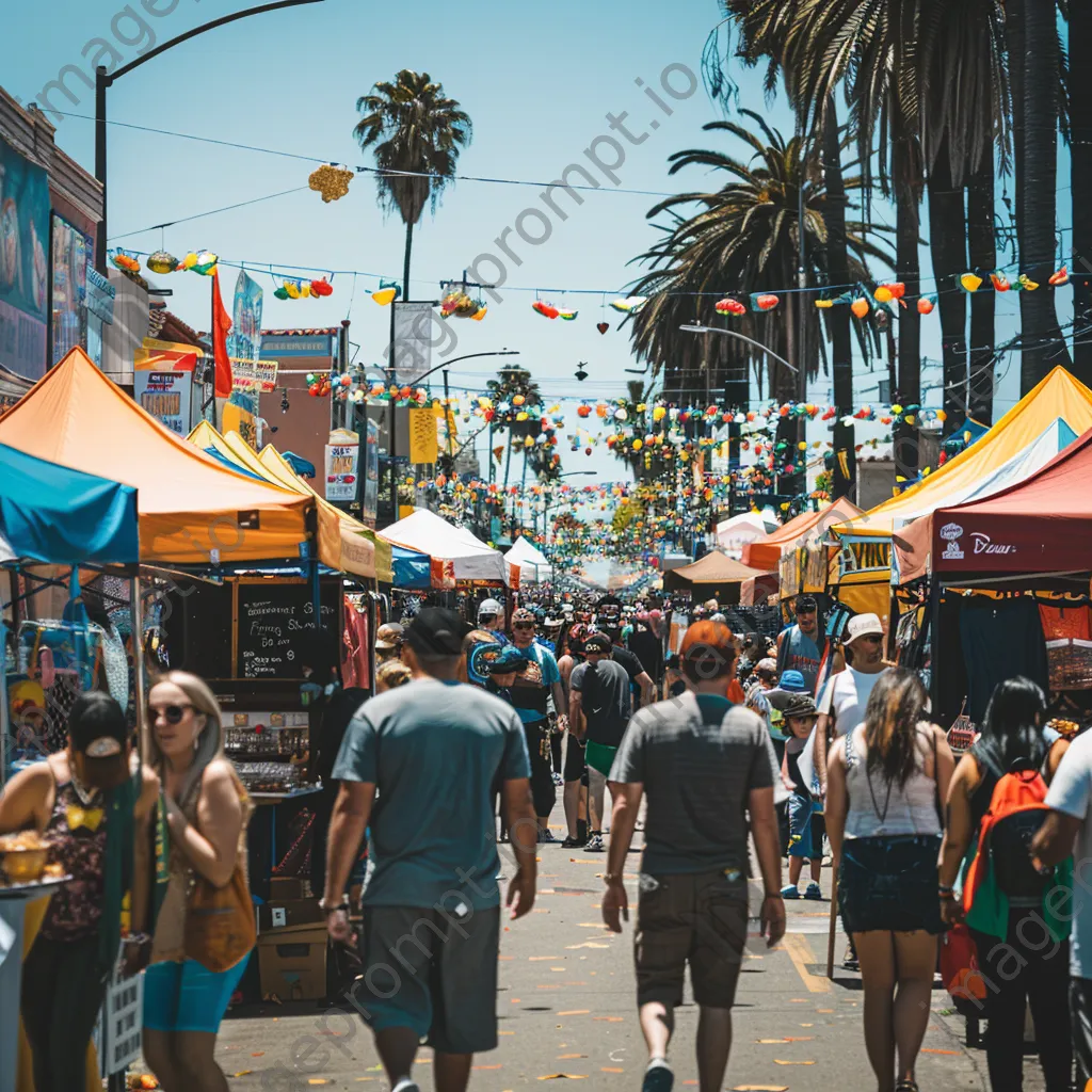 Crowd enjoying a vibrant street fair with performers - Image 2