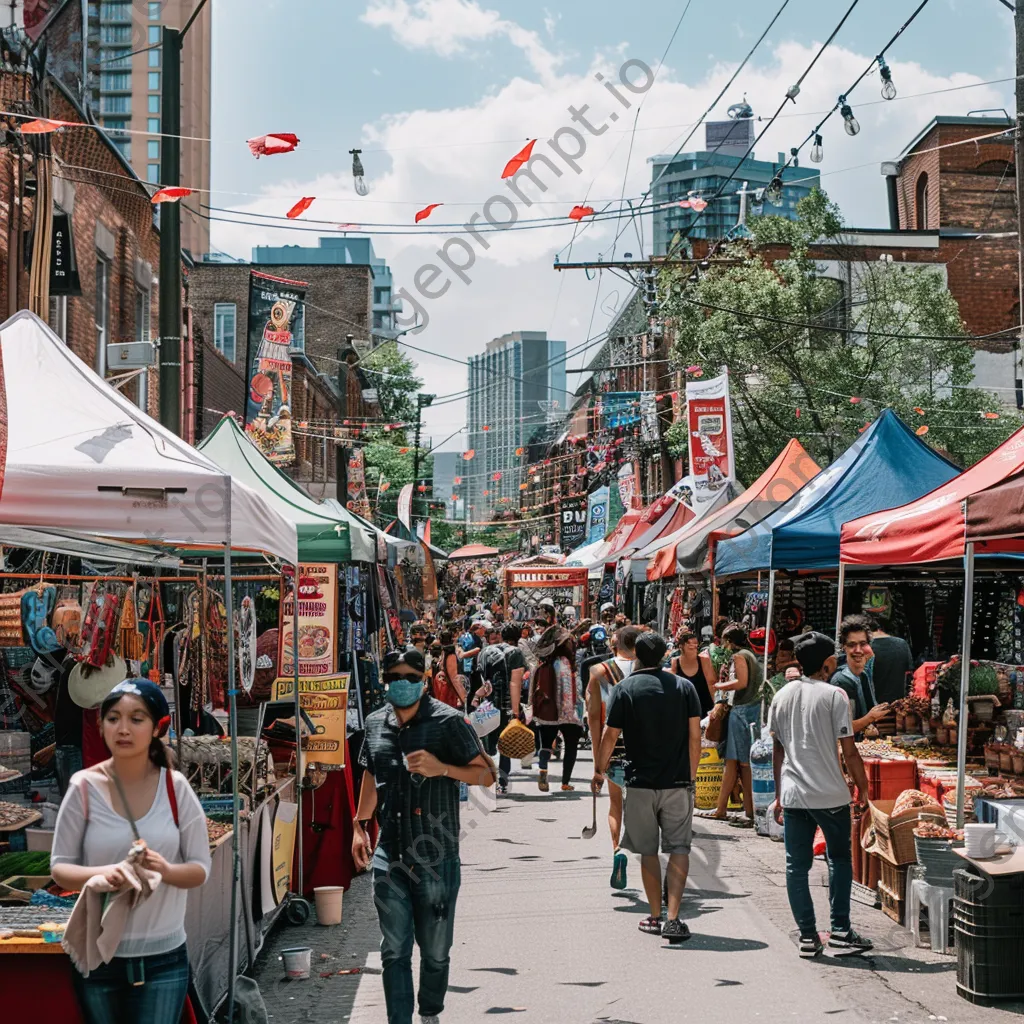 Crowd enjoying a vibrant street fair with performers - Image 4