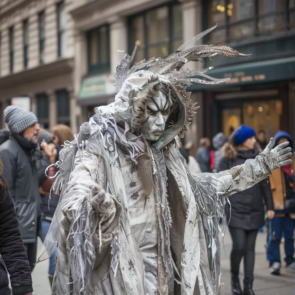 Skilled living statue performer in an elaborate costume blending with urban backdrop - Image 1