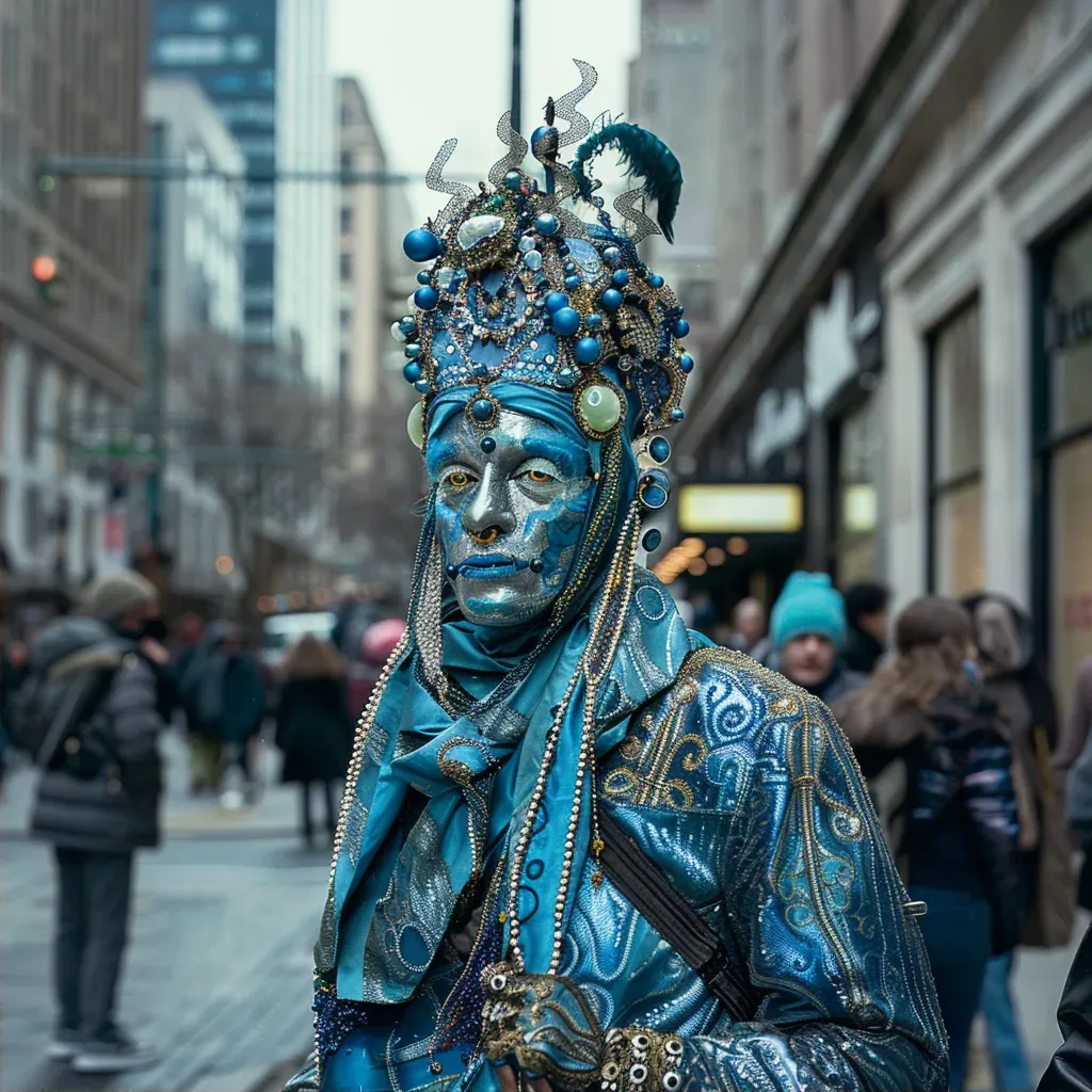 Skilled living statue performer in an elaborate costume blending with urban backdrop - Image 2