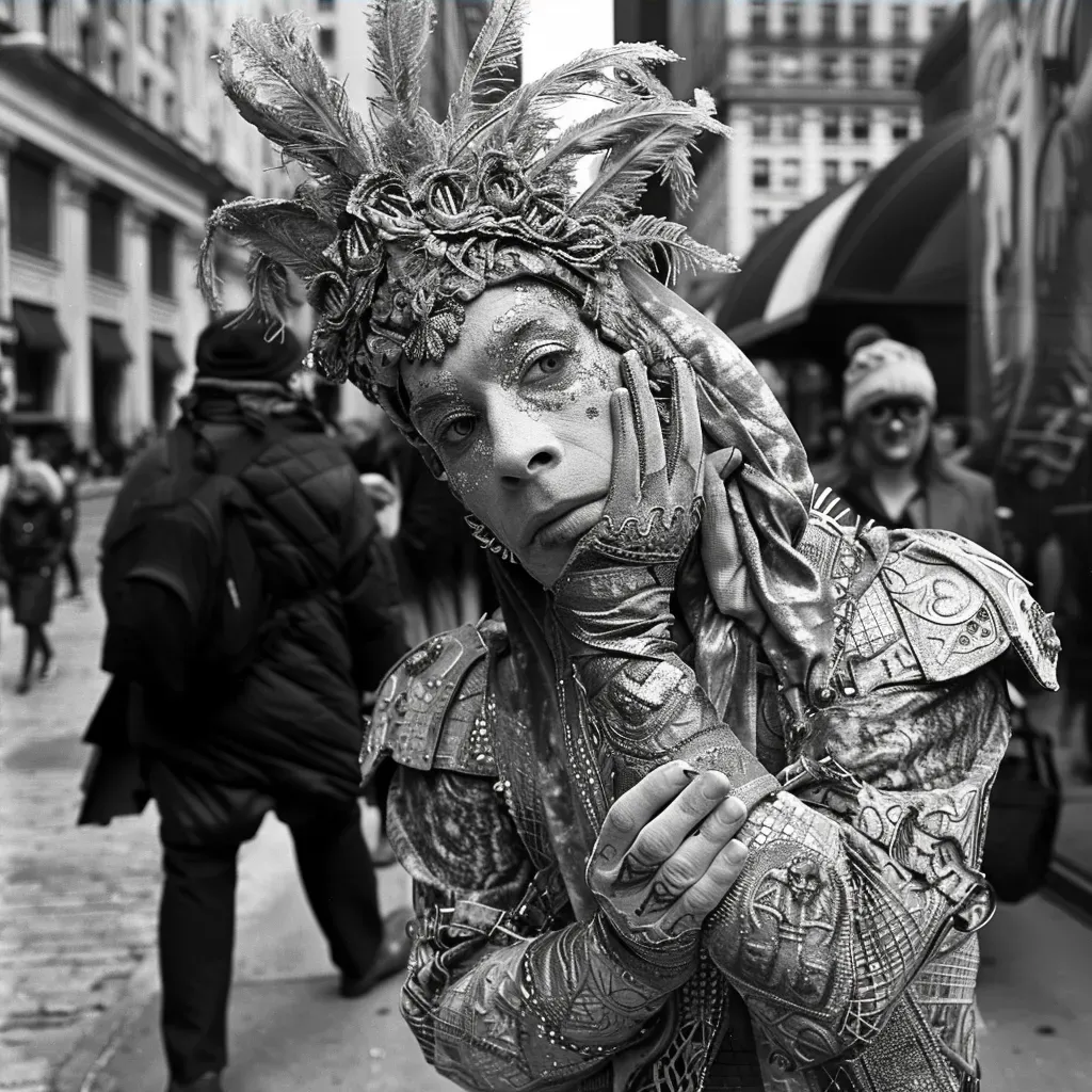 Skilled living statue performer in an elaborate costume blending with urban backdrop - Image 4