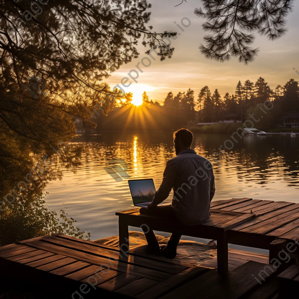 Digital nomad working on a laptop by the lake - Image 1