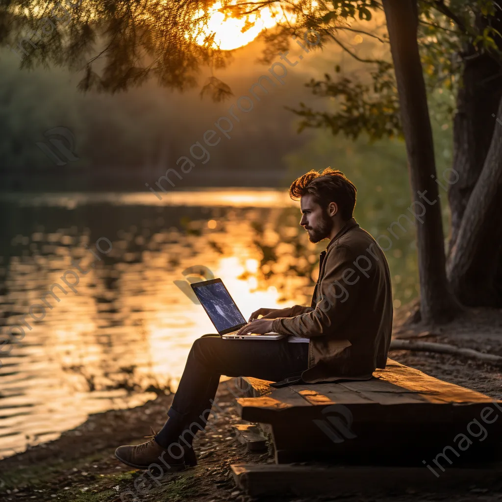 Digital nomad working on a laptop by the lake - Image 2