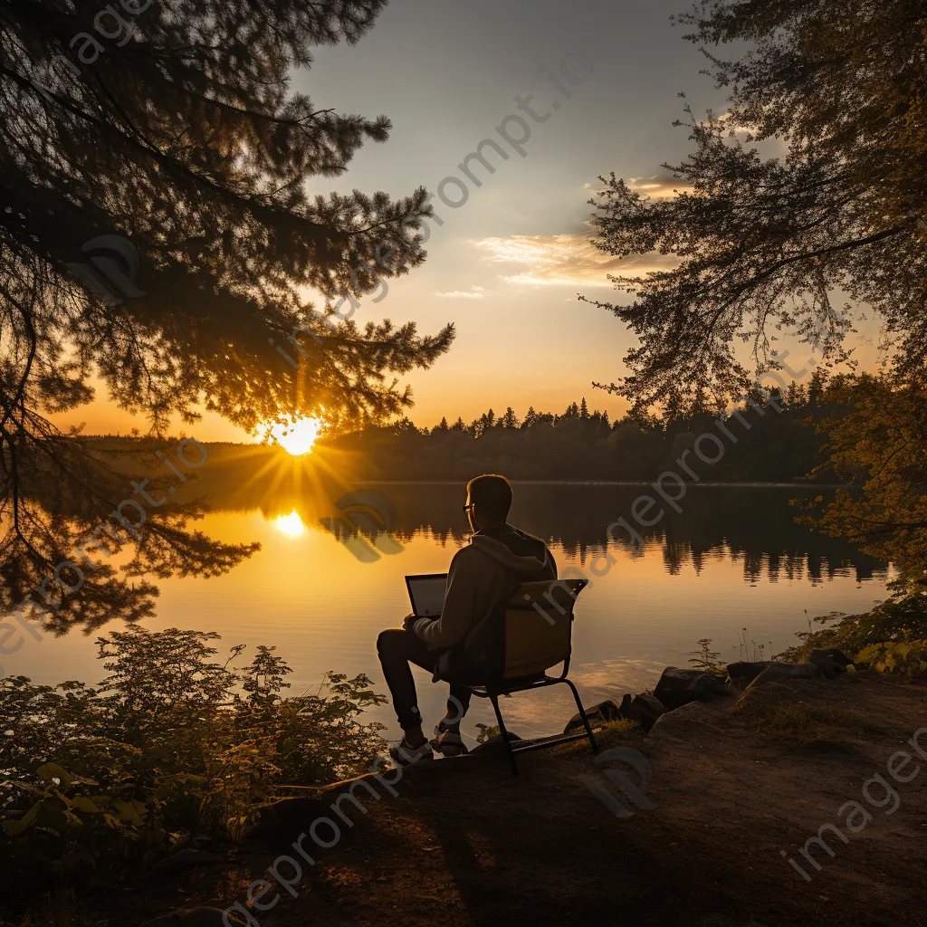 Digital nomad working on a laptop by the lake - Image 3