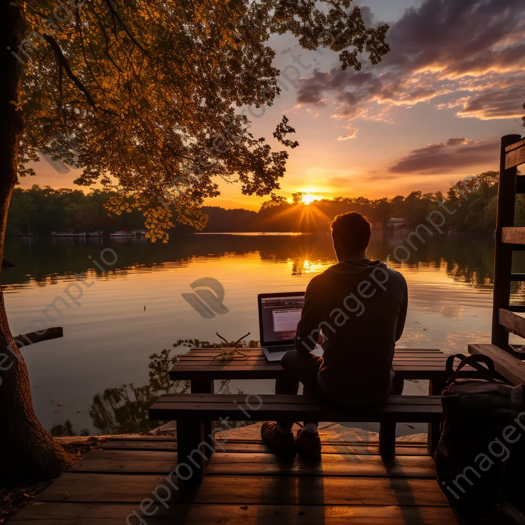 Digital nomad working on a laptop by the lake - Image 4