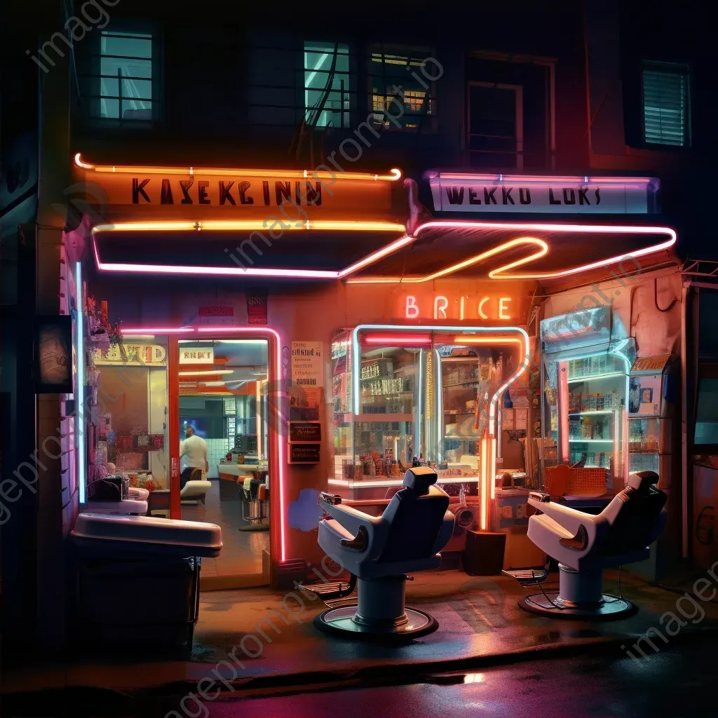 Robotic barbers in a neon-lit vintage barber shop - Image 2