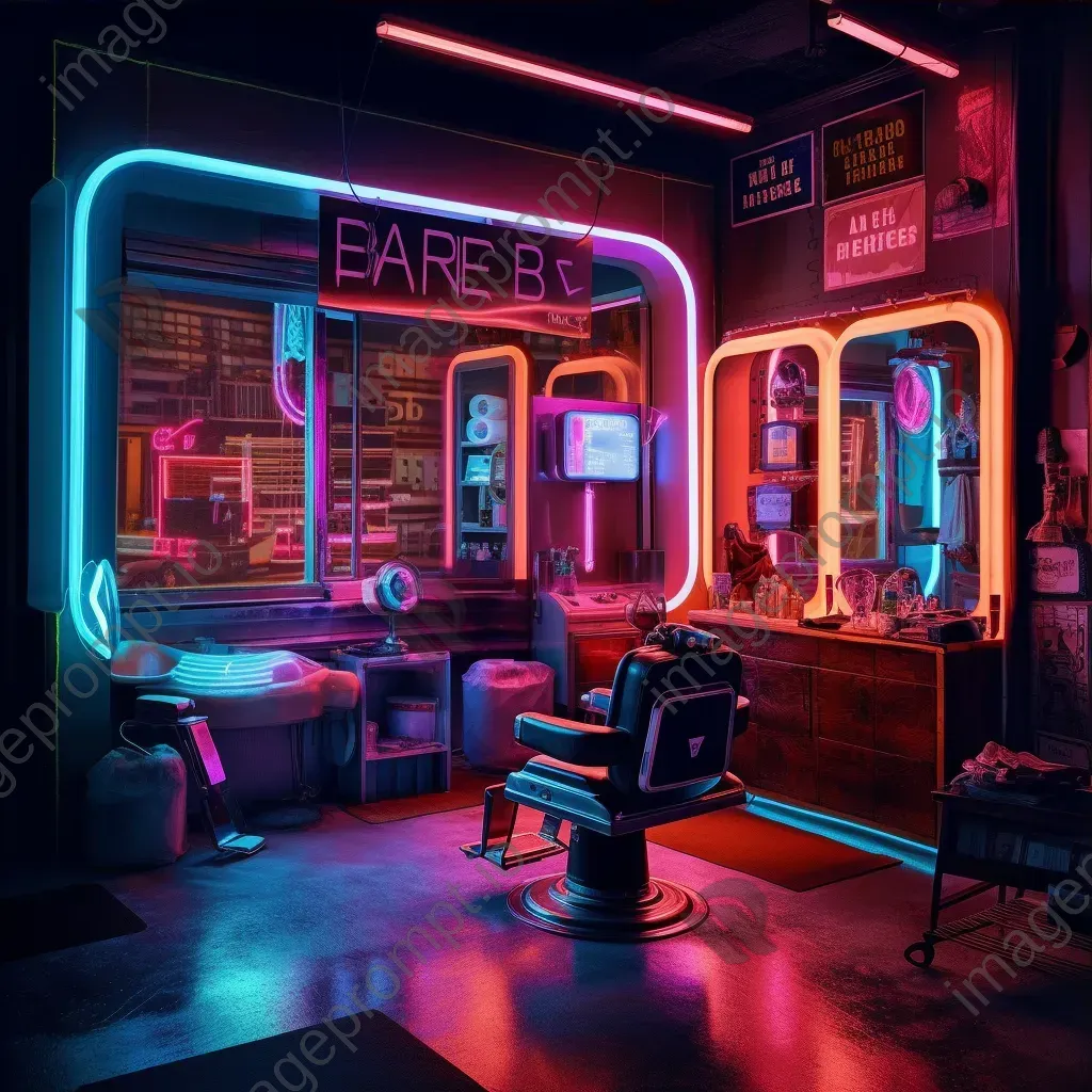 Robotic barbers in a neon-lit vintage barber shop - Image 3