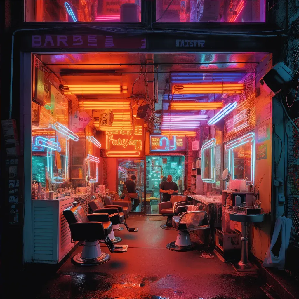 Robotic Barbers in Neon-Lit Vintage Barber Shop