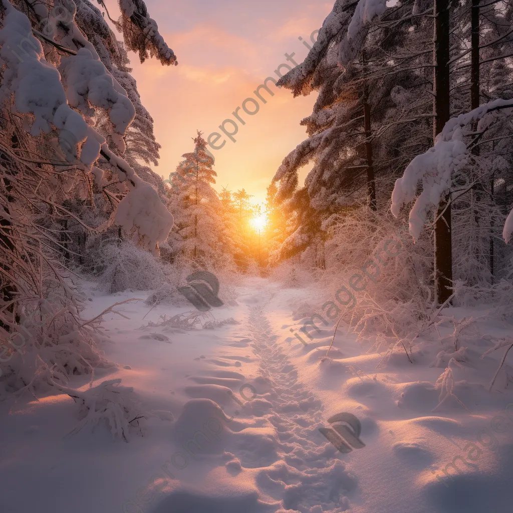 Snow-covered forest path under a pastel sunset sky - Image 1