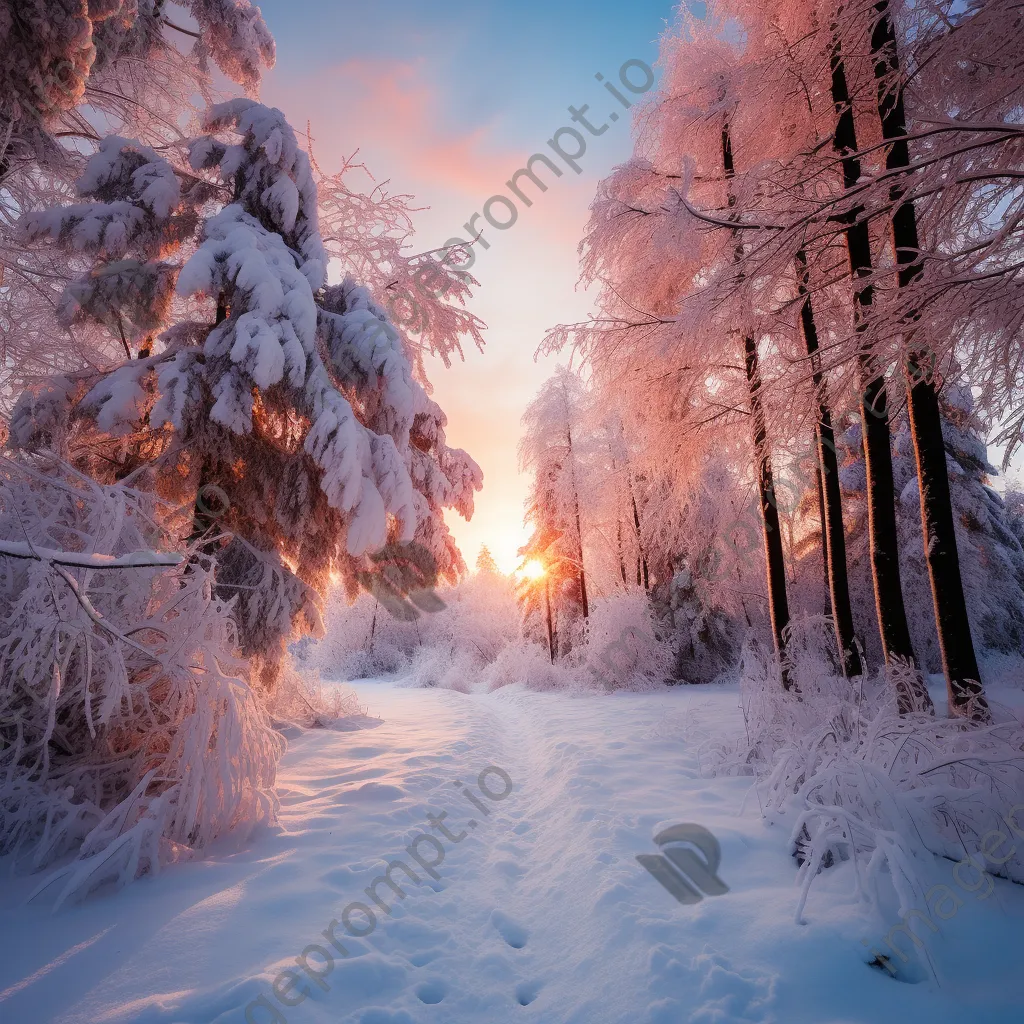 Snow-covered forest path under a pastel sunset sky - Image 2