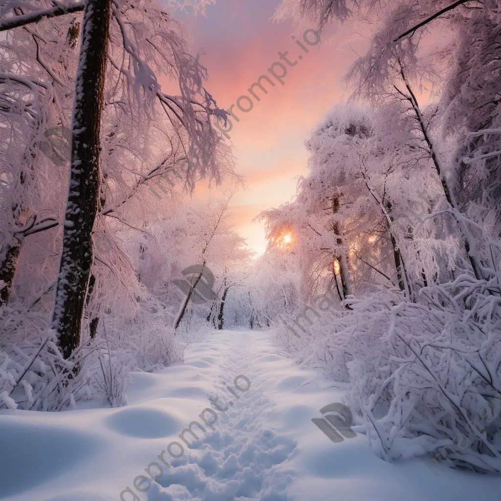 Snow-covered forest path under a pastel sunset sky - Image 3