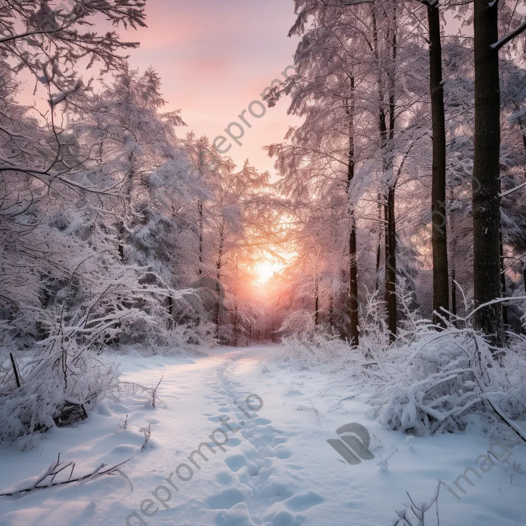 Snow-covered forest path under a pastel sunset sky - Image 4