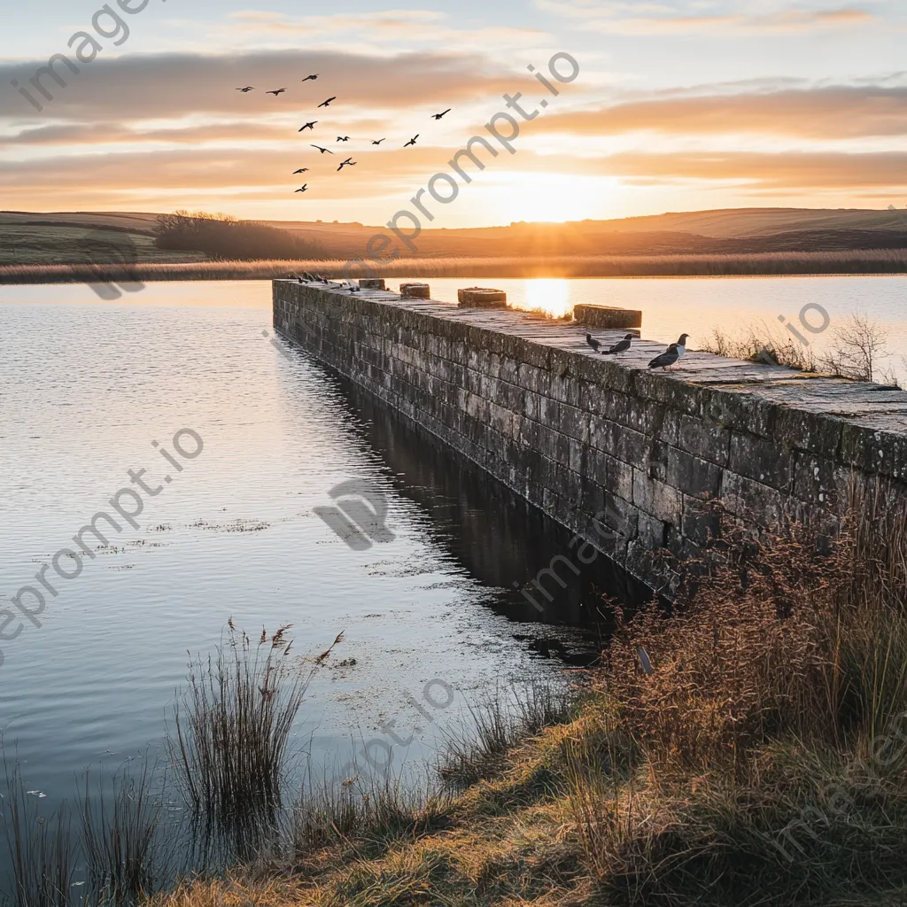 Traditional weir at sunset with calm waters and birds - Image 1