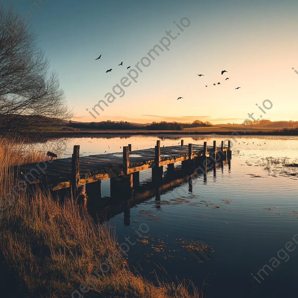 Traditional weir at sunset with calm waters and birds - Image 3