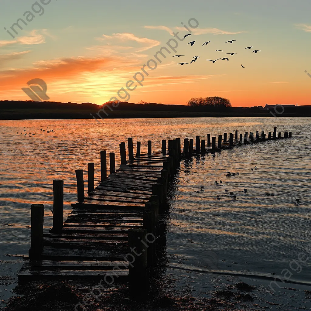 Traditional weir at sunset with calm waters and birds - Image 4