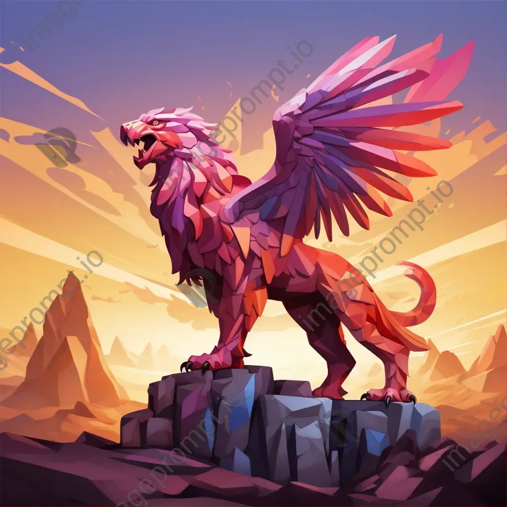 Polygonal griffin standing on a cliff during sunset with sharp shadows - Image 1