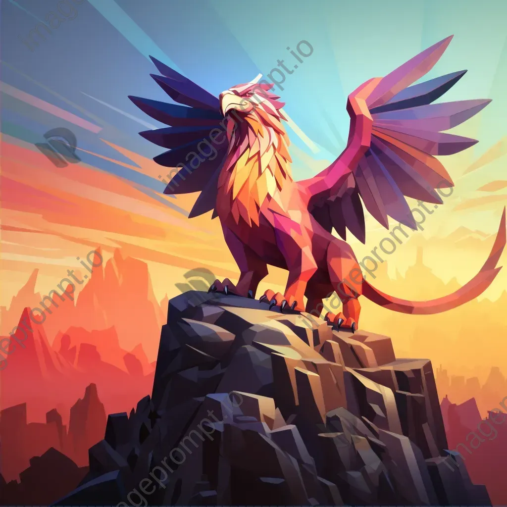 Polygonal griffin standing on a cliff during sunset with sharp shadows - Image 2