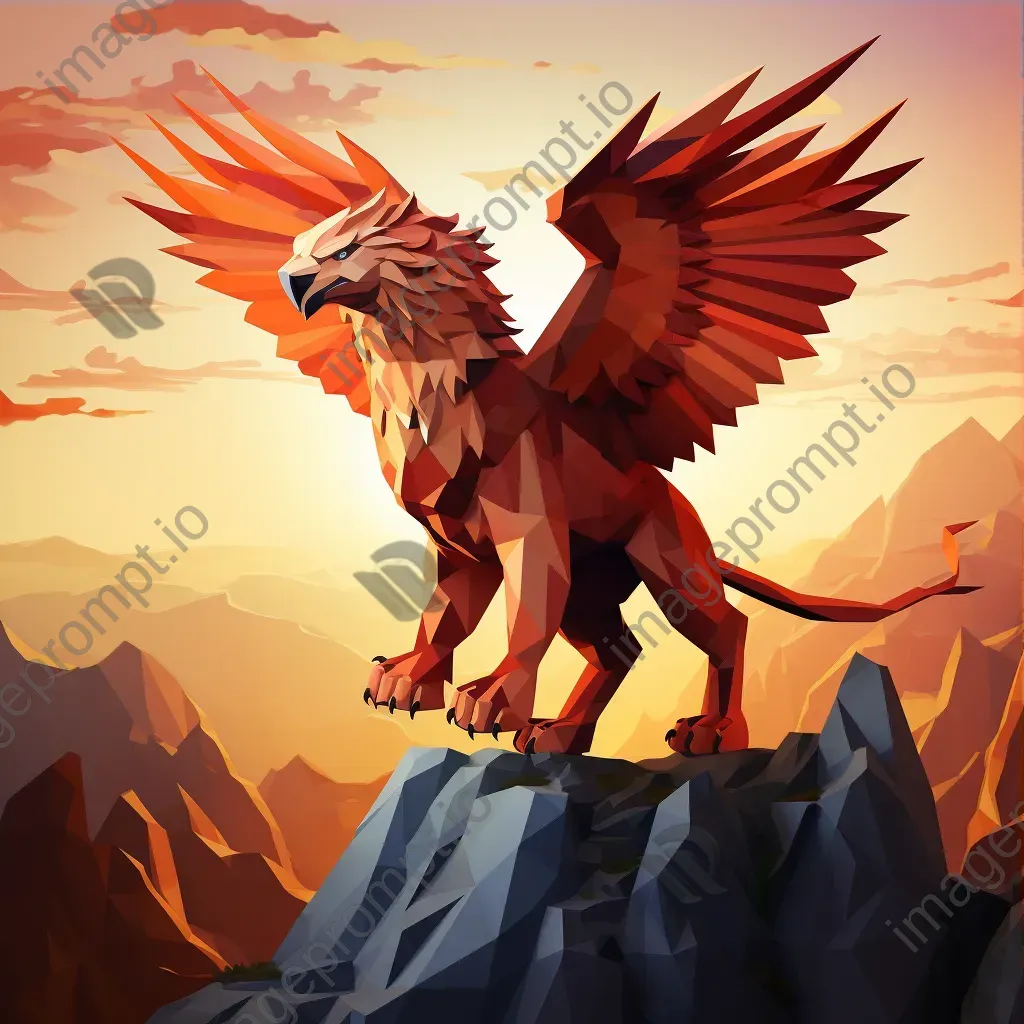 Polygonal griffin standing on a cliff during sunset with sharp shadows - Image 3