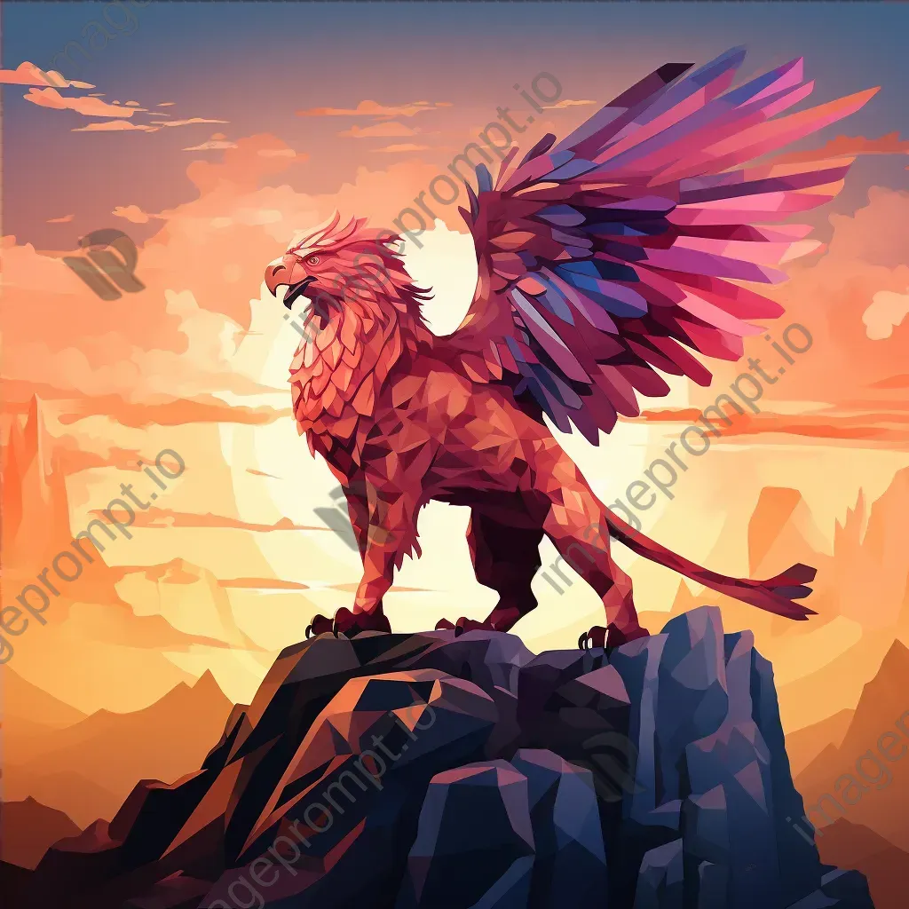 Polygonal griffin standing on a cliff during sunset with sharp shadows - Image 4