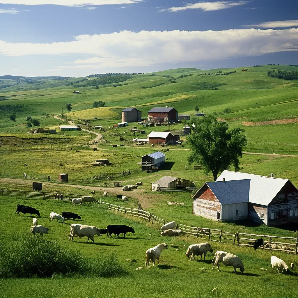 Aerial view of rural farmland with patchwork fields and barns - Image 1