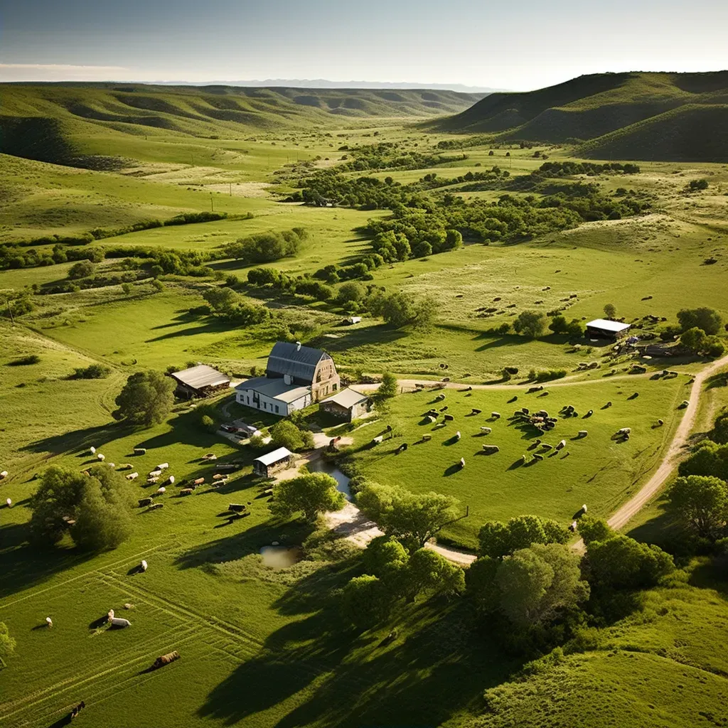 Aerial view of rural farmland with patchwork fields and barns - Image 2