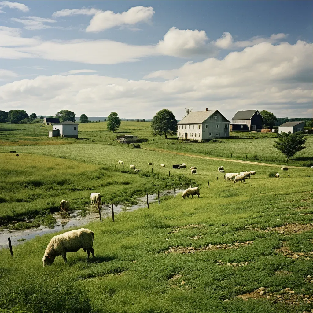 Aerial view of rural farmland with patchwork fields and barns - Image 3