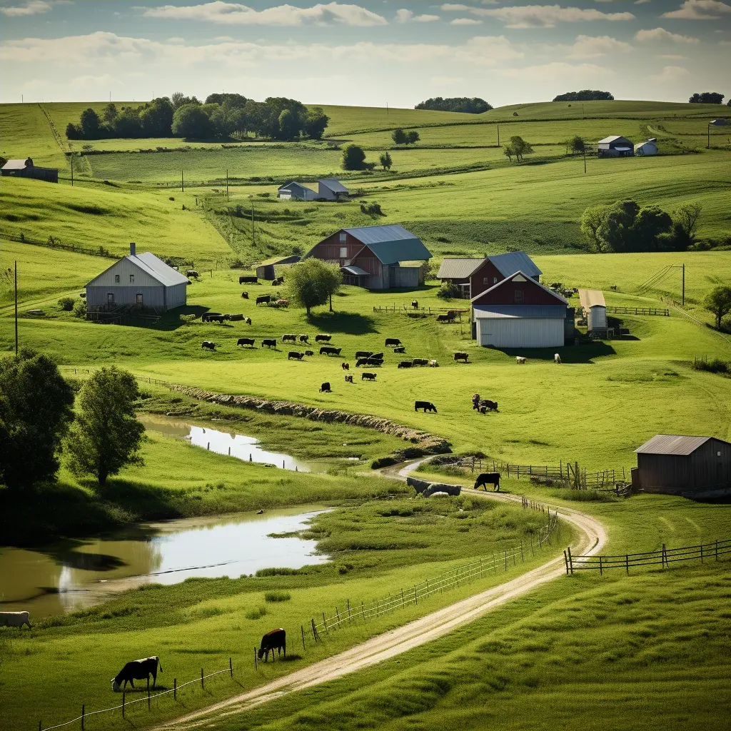 Aerial view of rural farmland with patchwork fields and barns - Image 4