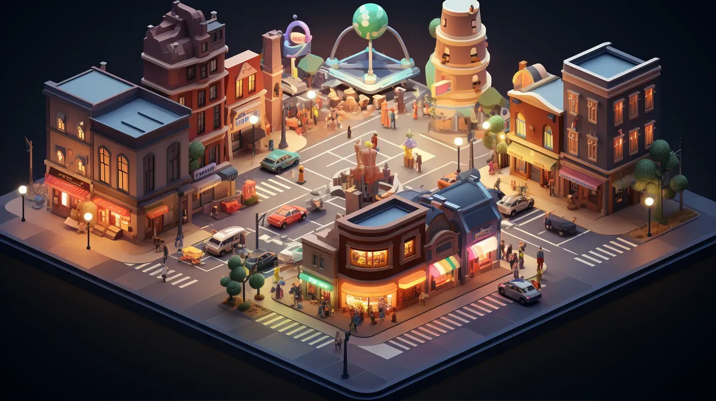 Isometric view of a bustling low poly town square at dusk - Image 1