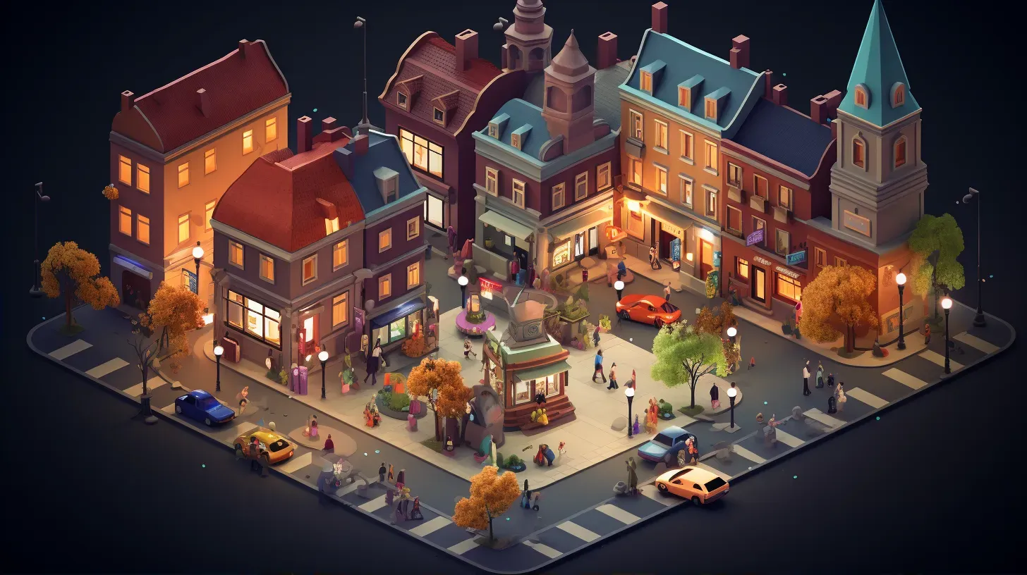 Isometric view of a bustling low poly town square at dusk - Image 2