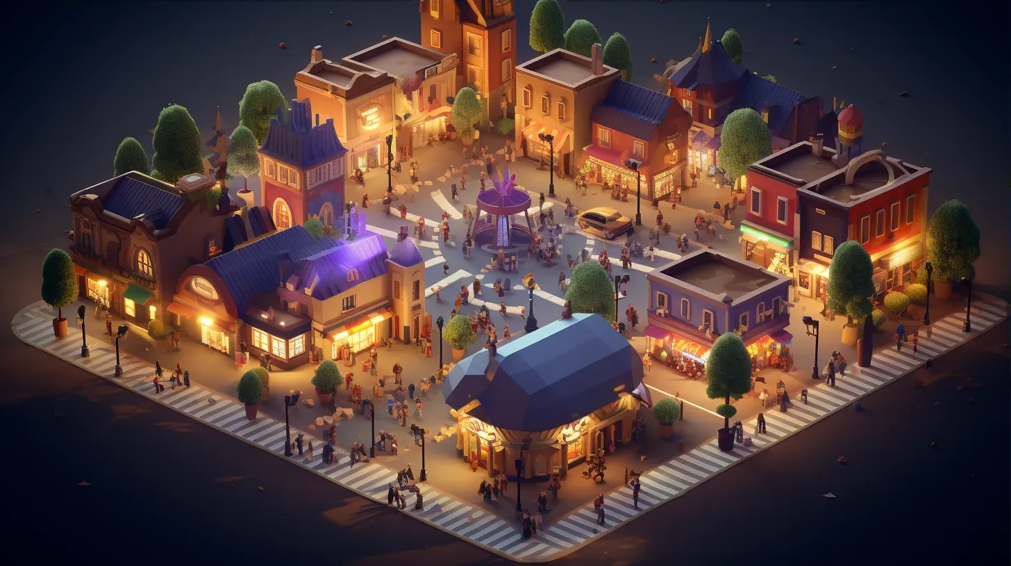 Isometric view of a bustling low poly town square at dusk - Image 3