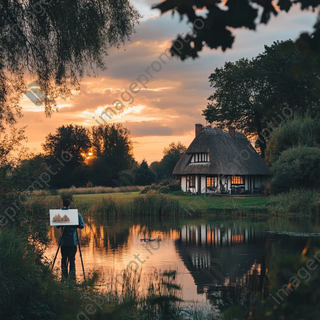 Artist painting thatched cottage by serene lake at sunset - Image 1