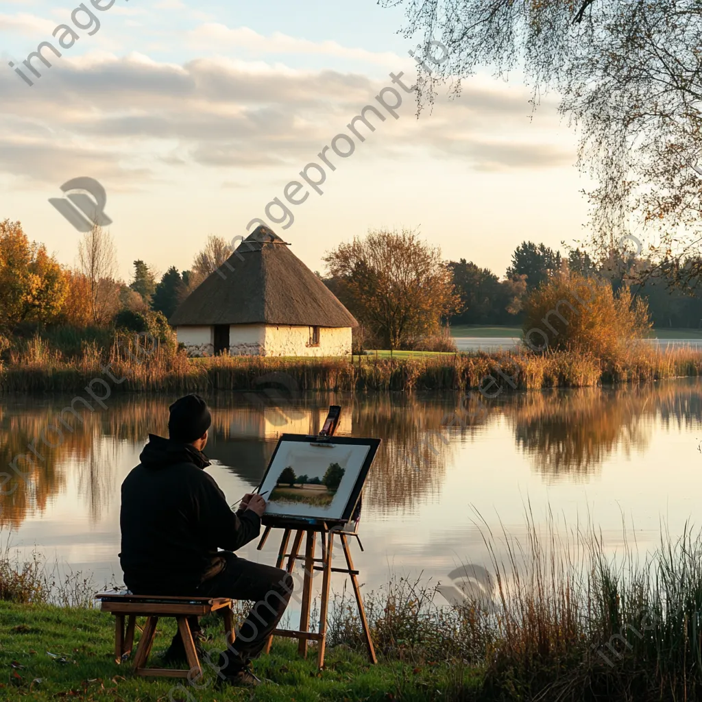 Artist painting thatched cottage by serene lake at sunset - Image 2