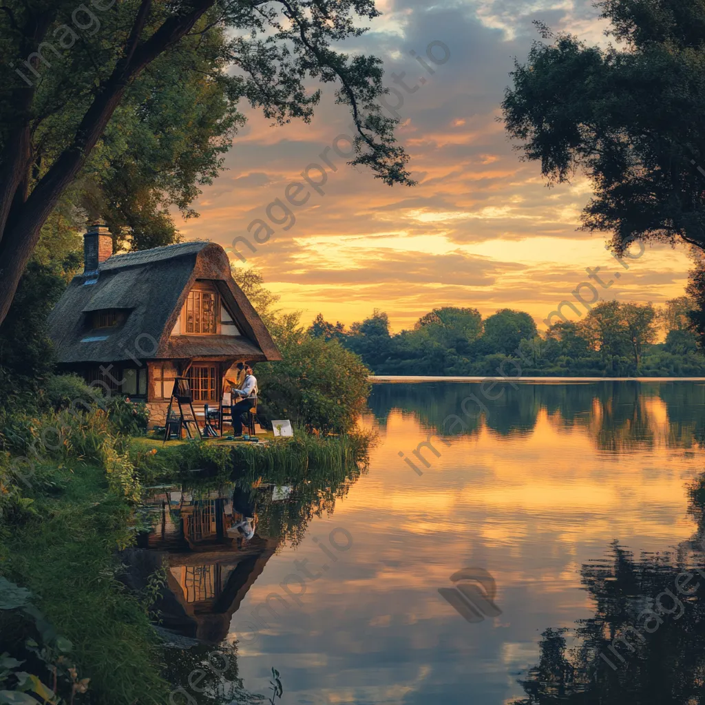 Artist painting thatched cottage by serene lake at sunset - Image 3