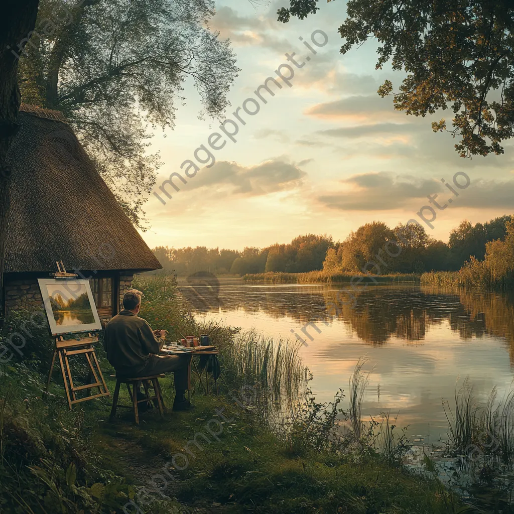 Artist painting thatched cottage by serene lake at sunset - Image 4