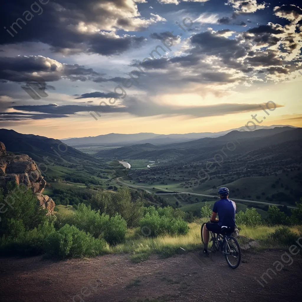 A lone cyclist resting at a mountain overlook during sunset. - Image 1