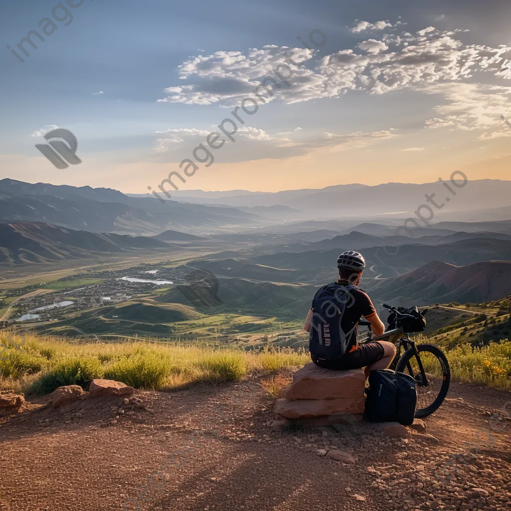 A lone cyclist resting at a mountain overlook during sunset. - Image 2