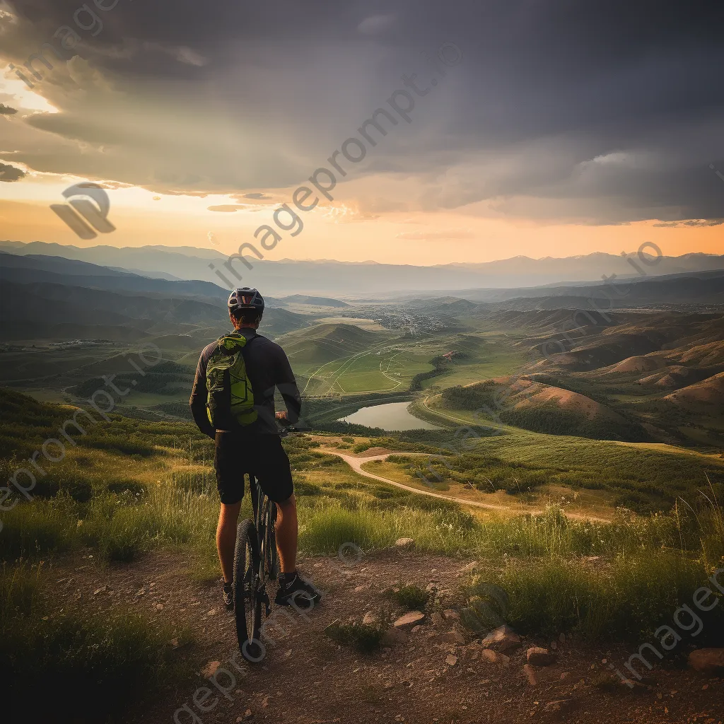 A lone cyclist resting at a mountain overlook during sunset. - Image 3