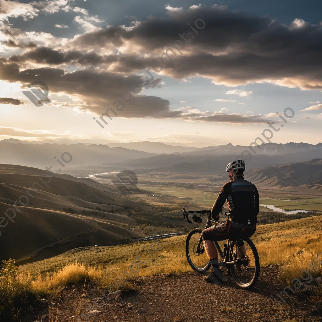 A lone cyclist resting at a mountain overlook during sunset. - Image 4