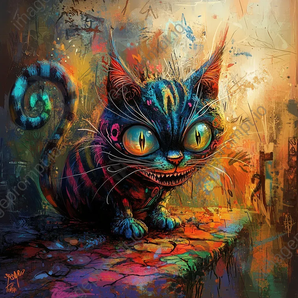 Psychedelic digital graffiti art of a meeting with the mystical Cheshire cat in Wonderland - Image 2