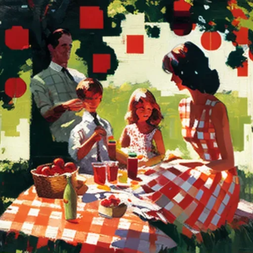 Family picnic in sunlit orchard with checkered blanket - Image 2