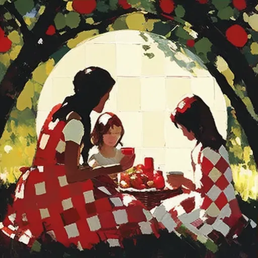 Family picnic in sunlit orchard with checkered blanket - Image 3