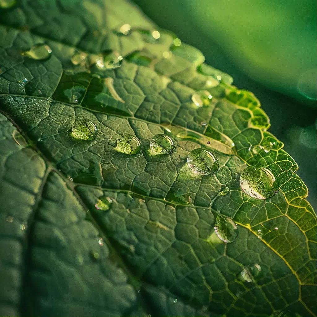 Close-up of rainwater droplets on a green leaf - Image 1