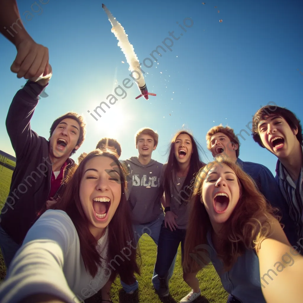 Students excitedly launching a model rocket against a blue sky. - Image 1