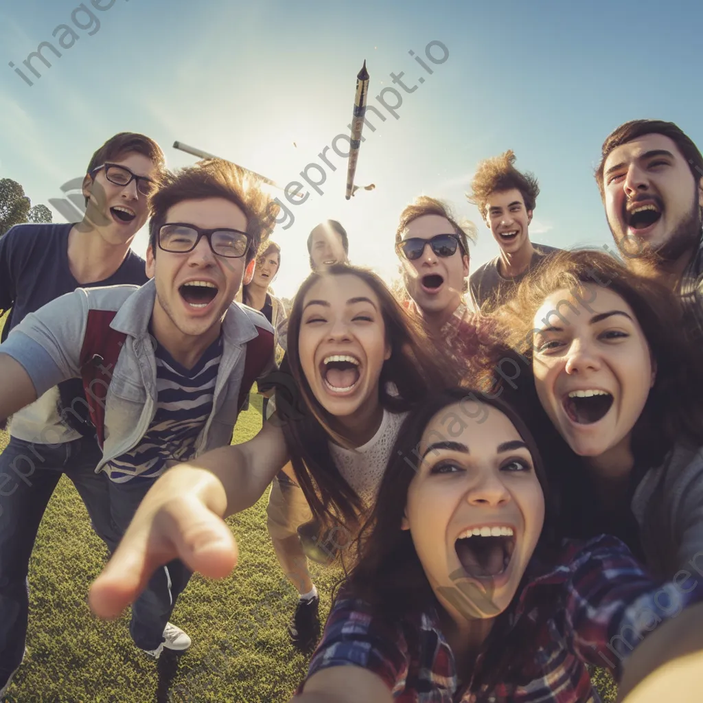 Students excitedly launching a model rocket against a blue sky. - Image 2