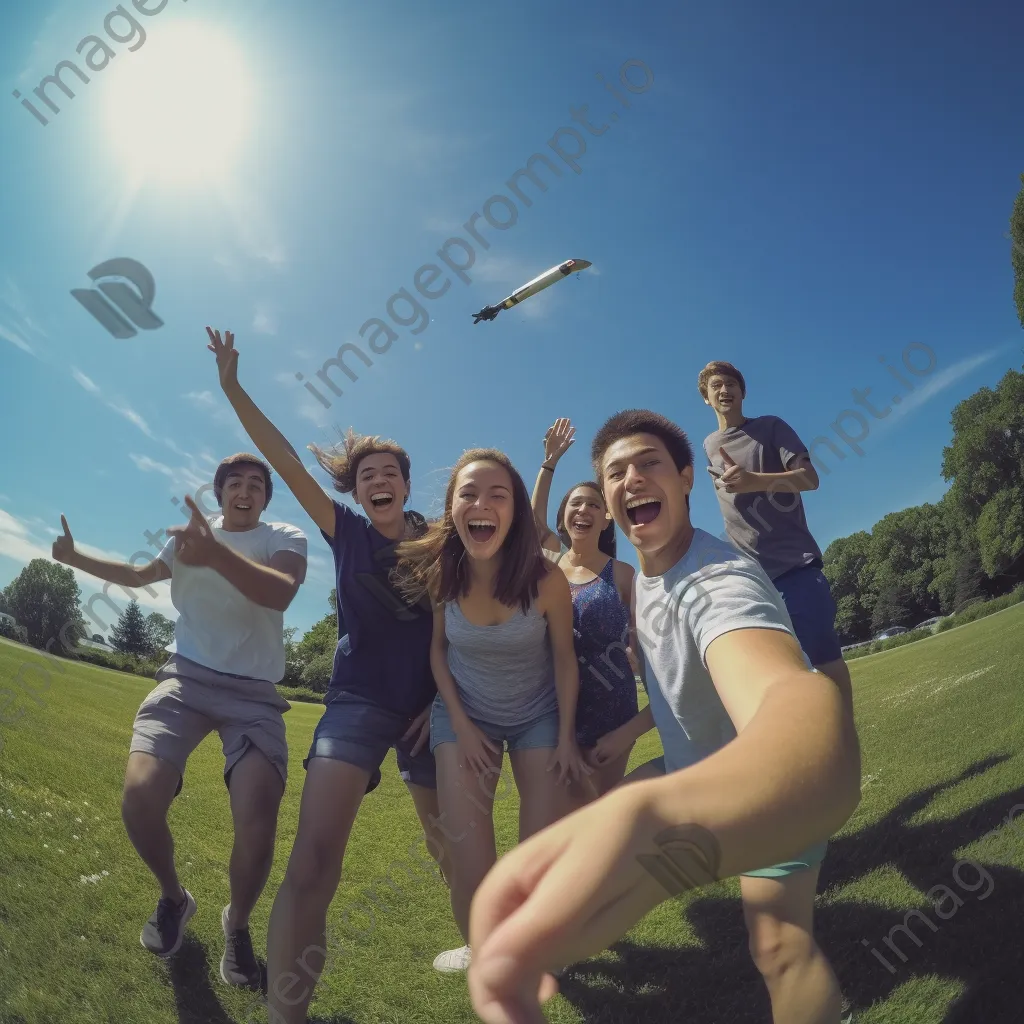 Students excitedly launching a model rocket against a blue sky. - Image 3