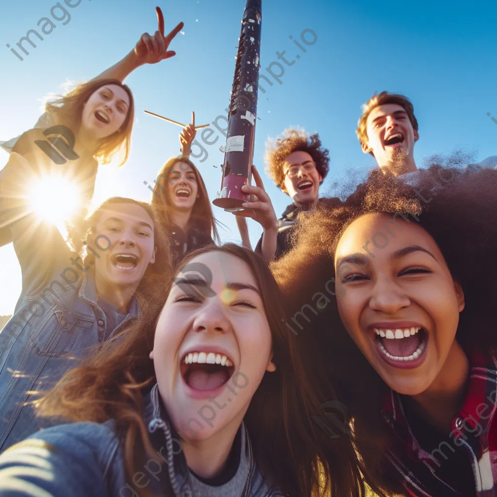 Students excitedly launching a model rocket against a blue sky. - Image 4